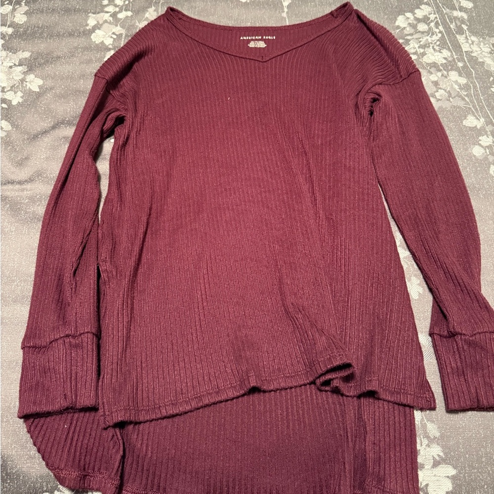 American Eagle Outfitters Maroon Ribbed Long Sleeve Top Size XS